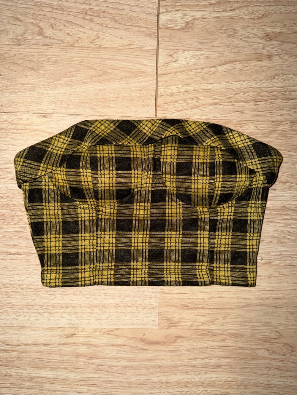 Yellow & Black Plaid Strapless Bustier Crop Top
